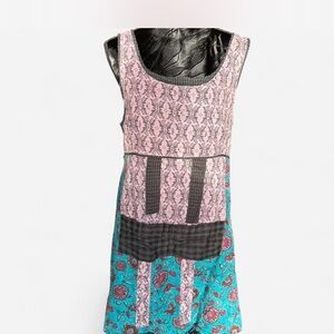 Chic Patchwork Midi Dress in Pink and Teal